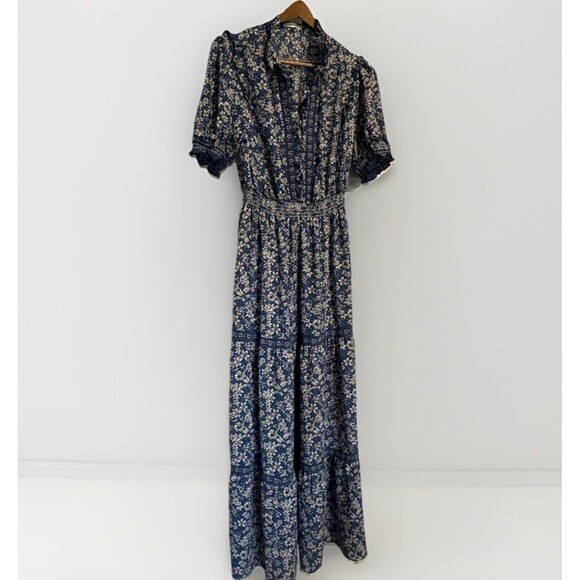 Max Studio Maxi Dress Floral Smocked Waist Tiered Plus Size 1X Blue White Ruffle - Picture 1 of 8